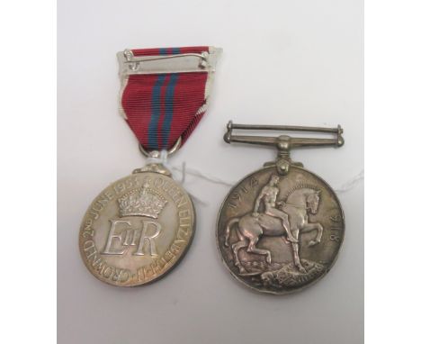 A WWI war medal named 4058 Cpl A Bovey Devon R together with an Elizabeth II civil coronation medal in box
