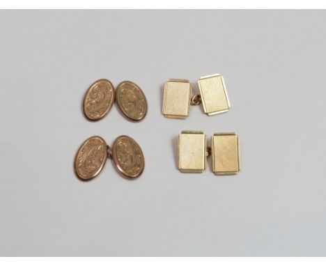 A pair of 9 carat gold cufflinks, with engine turned panels; and another pair of earlier 9 carat gold cufflinks; 10.8 g gross
