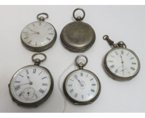 Four silver pocket watches and one fob watch 