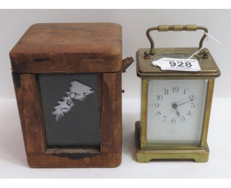A French made carriage timepiece in brass case, with white enamel dial (af) having Arabic numerals, with key and in original 