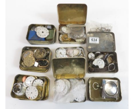 Box of old pocket watch parts, movements, dials etc