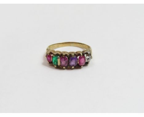 A Regard ring, set with ruby, emerald, garnet, amethyst, ruby and diamond, unmarked, finger size N, 3.7 g gross