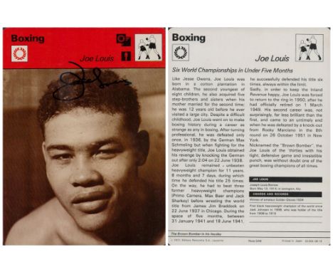 Boxing Joe Louis signed 7x5 inch black and white vintage 1977 boxing card bio on reverse. Good condition. All autographs come