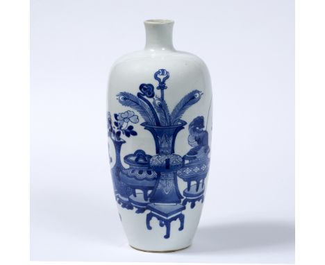 Blue and white vase Chinese decorated to the body depicting precious objects with a circular panel enclosing a bird 23.5cm hi