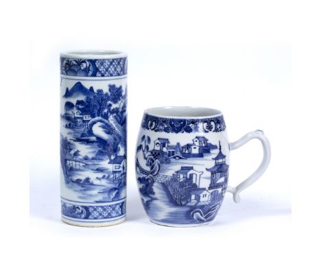 Blue and white porcelain barrel shaped tankard Chinese, Guangxu with river landscape 14cm and a Chinese 19th Century cylindri