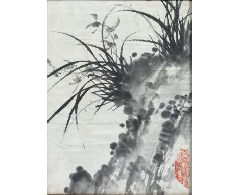 Japanese print depicting a goose in a winter setting, inscribed and with red seal marks 47cm x 20cm and one other monochrome 