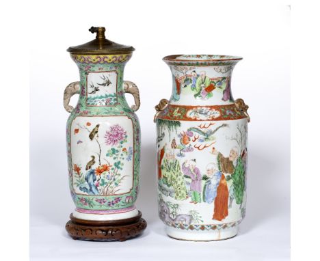 Two Canton vases Chinese, 19th Century one painted with Immortals, phoenix and other figures 36cm high and the other of famil