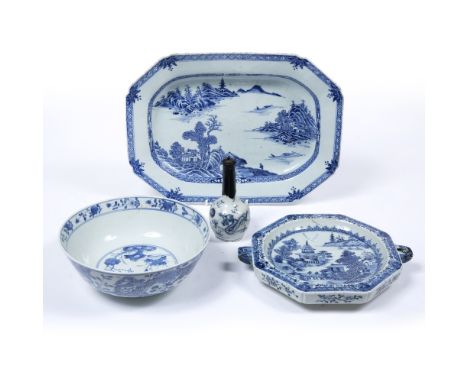 Blue and white porcelain bowl Chinese, 19th Century with central rockwork and dragon to the exterior,23cm across, an octagona