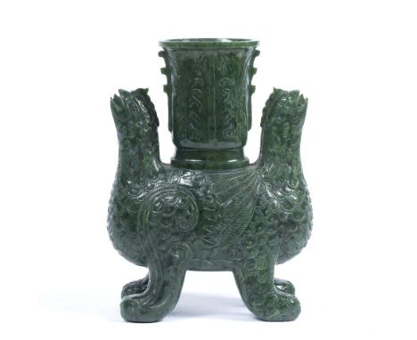 Spinach green jade double headed phoenix vessel Chinese, 19th/20th Century the vessel carved to each side with phoenix head w