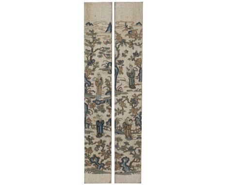 Pair of embroidered panels Chinese, late 19th Century with musicians and other figures in a garden setting, in tortoiseshell 