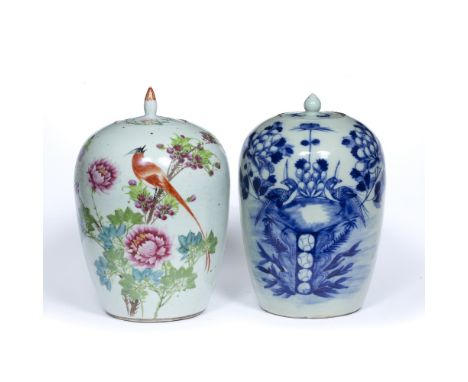 Celadon jar Chinese, late 19th/20th Century painted with birds in garden 33cm and a similar polychrome jar and cover, 32cm