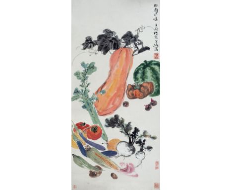 Wang Xuetao (1903-1982) vegetables and fruit, scroll, ink on paper with artists seal marks  99cm x 46.5cm Provenance: By dire