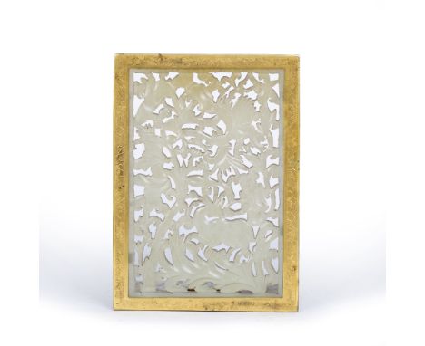 Mutton fat jade plaque Chinese, 19th Century pierced and carved with a crane and stag amidst flowering shrubs and foliage, mo