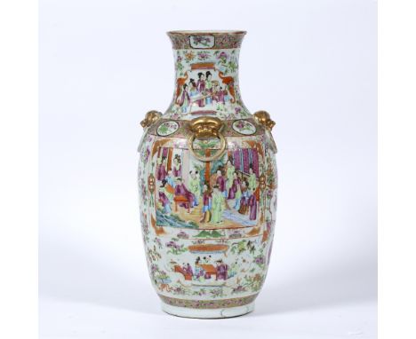 Canton polychrome vase Chinese, 19th Century painted in enamels with a central panel of courtiers within a surround of other 