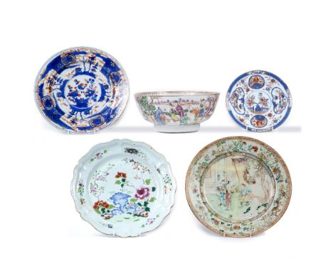 Group of porcelain Chinese,18th Century including a Mandarin painted small punch bowl 29cm diameter two Qianlong export dishe