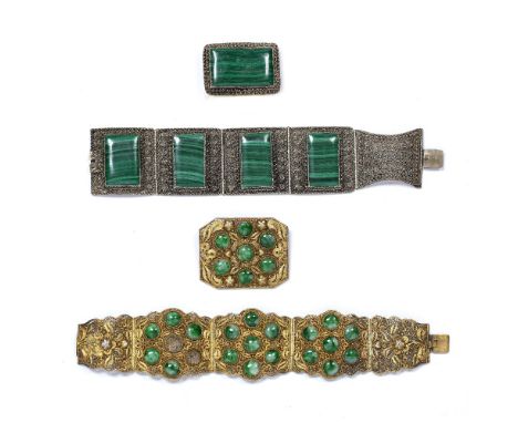 Gilt white metal hardstone panel bracelet and matching brooch Chinese with scrolling foliate motif, stamped 'Sterling' bracel