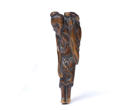 Wood netsuke of a standing Sennin Gama Japanese, Edo Period in a long flowing rove and supporting a three legged toad upon hi