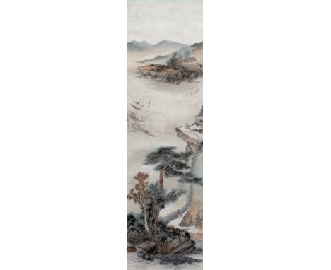 Katherine Talati (1922-2015) Da Shunming (Chinese name) river scene, mounted scroll, ink on paper with artists seal mark  98c