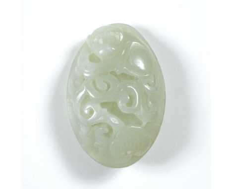 White jade pebble Chinese pierced and carved as an ovoid pendant with a monkey holding a trailing ruyi fungus 5cm x 3.5cm
