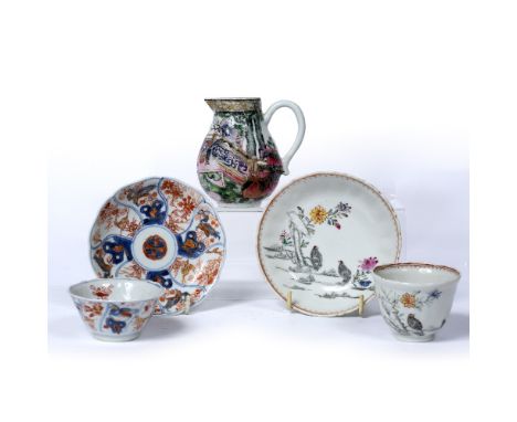 Two tea bowls, saucers and a cream jug Chinese, 19th Century one painted in monochrome and famille rose enamels with quails, 