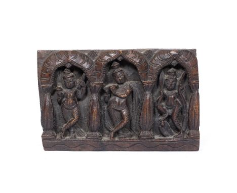 Carved wooden panel Indian carved depicting three shivas in a temple  19cm high x 30cm across