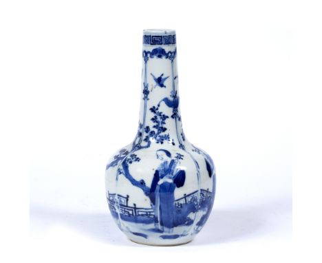 Blue and white bottle vase Chinese, 19th Century painted with views of 'Long Eliza'  in a terraced garden, Kangxi mark 20.5cm