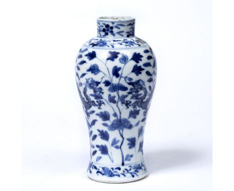Blue and white baluster vase Chinese, 19th Century decorated to the outside depicting two dragons in flight with a floral bac