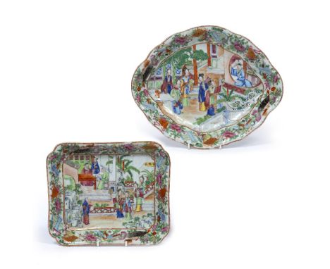 Two famille rose plates Chinese, 19th century one rectangular and the other oval, each painted to the centres with court offi