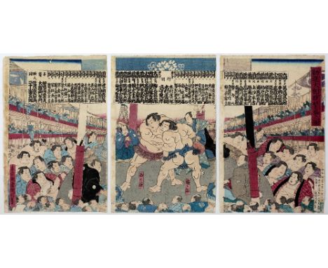 Utagawa Kunitoshi (1847-1899)  'Sumo Wrestling' Japanese, woodblock print, triptych, circa 1884 each panel measures 37cm x 24