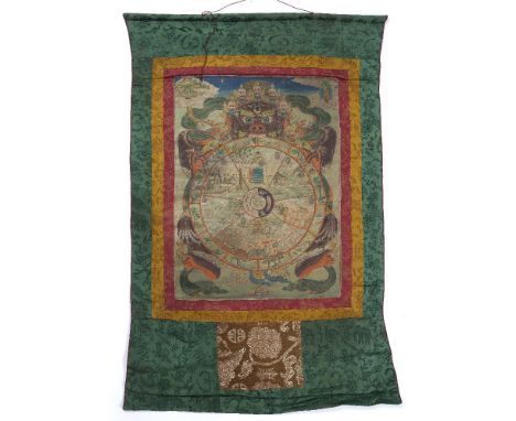 Two Mandalas Tibetan, 20th Century the first depicting a cross legged Buddha, the second depicting the wheel of life (2)