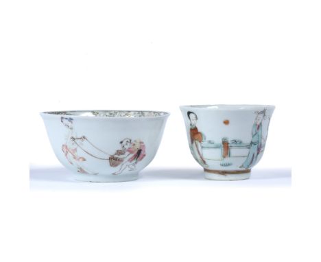 Miniature teacup 18th Century decorated with male and female in a garden scene and a famille rose enamel tea bowl decorated t