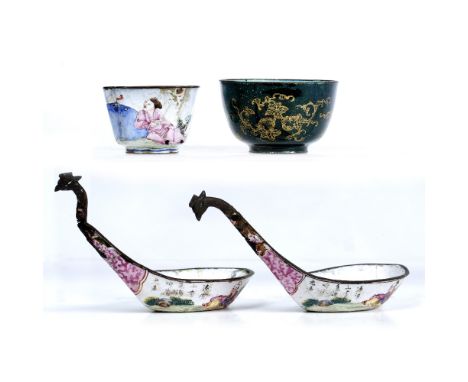 Pair of Canton enamel ladle form spoons Chinese decorated in famille rose palette with figures in garden scene, handles with 