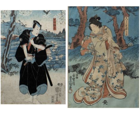 Utagawa Kuniyoshi (1797-1861)  Japanese, 19th Century 'Samurai Actor' woodblock print 32cm x 32cm  and one other Japanese woo