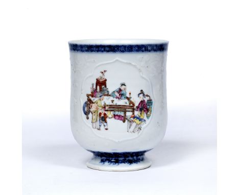 Porcelain 'European shape'  tankard Chinese, Qianlong period painted with a central panel of figures around a table examining