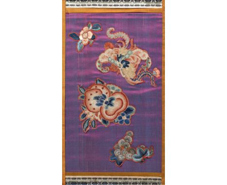 Peking knot panel Chinese,19th Century embroidered with peaches and auspicious subjects 39cm x 22.5cm