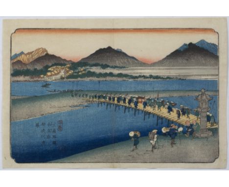 Keisai Eisen (1790-1848) Japanese, 19th Century The Ferry on the Kanna River at Honjo Station, woodblock print 24cm x 36.5cm