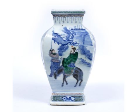 Enamelled square baluster vase Chinese, 19th Century each panel decorated in enamels on a blue ground with figures serving te