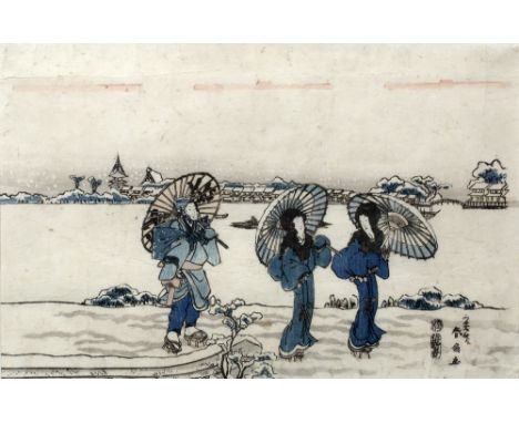 Katsukawa Shunsen (1762-1830)  Japanese, 19th Century 'Three Geishas' woodblock print 23cm x 35cm 