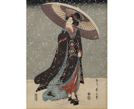 Kikugawa Eizan (1787-1867) 'Snowy day' woodblock print  27.5cm x 21cm 