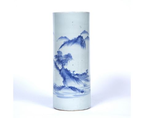 Cylindrical porcelain stick/brush holder Chinese,19th Century painted with a Southern Chinese mountainous landscape 12.5cm di