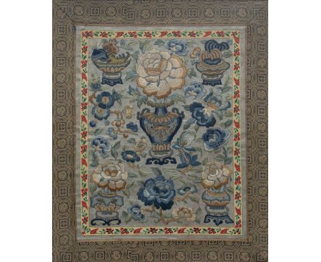 Peking knot panel Chinese 31cm x 24cm embroidered with a vase of flowers, two other framed Chinese embroidered panels and a p