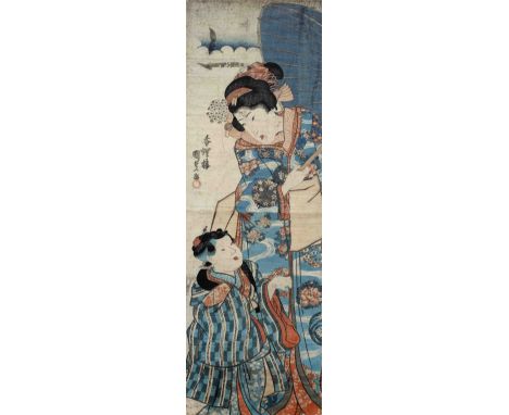 In the manner of Baichiro Kunisada Japanese, late 19th/early 20th Century  woodblock print of a lady and child 69cm x 23cm 