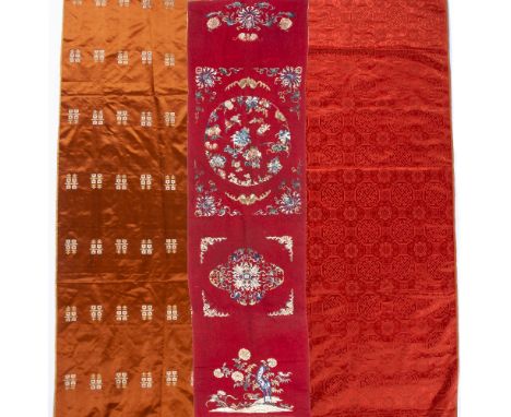 Three lengths of silk/fabric Chinese  the first in a form of a runner embroidered with bats and floral roundels153cm high x 4