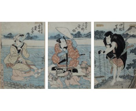 Triptych (Kunisada) Japanese, 19th Century woodblock print each panel measures 35cm x 23cm