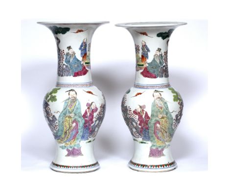 Matched pair of famille rose Yen Yen vases Chinese, 19th Century with enamelled decoration depicting a scholar with courtesan