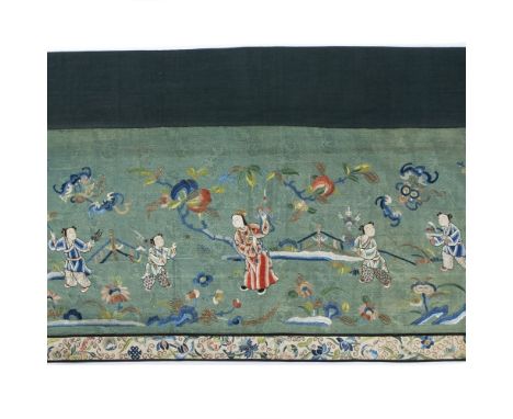 Green silk long panel Chinese embroidered with various figures and other auspicious symbols 253cm x 49cm overall