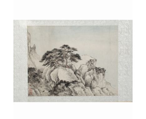 Katherine Talati (1922-2015) Da Shunming (Chinese name) figures on a rocky outcrop, mounted scroll, ink on paper with artists