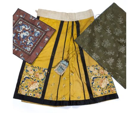 Embroidered purse Chinese, circa 1900 with inscription 43cm x 39cm a yellow silk skirt with embroidered panels and a rectangu