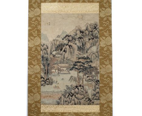 Chinese School Landscape scene, 18th Century, hanging scroll, ink on paper, Japanese style kakemono mounting 42cm x 26cm