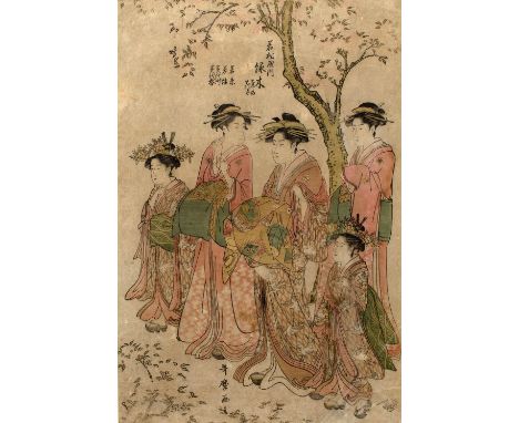 Kitagawa Utamaro (1750-1806)  Japanese 'Orian with her Shinzo and Kamuro' woodblock print 37cm x 25cm
